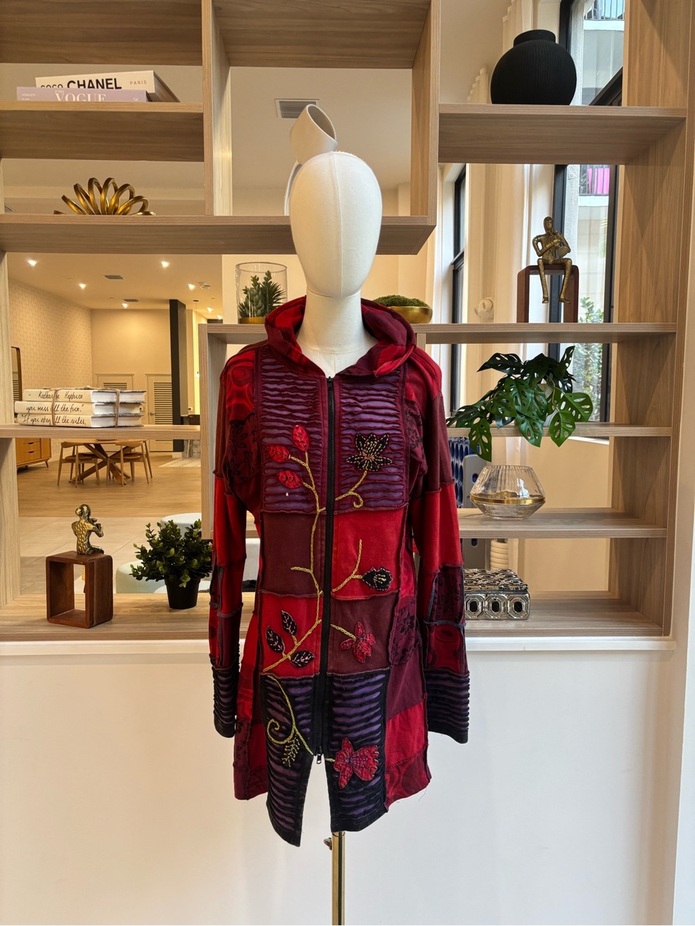 Embroidered Red Hooded Patchwork Utility Jacket